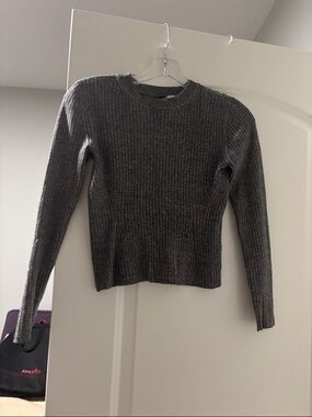 Divided Ribbed Long Sleeve Crop Sweater in Charcoal Gray